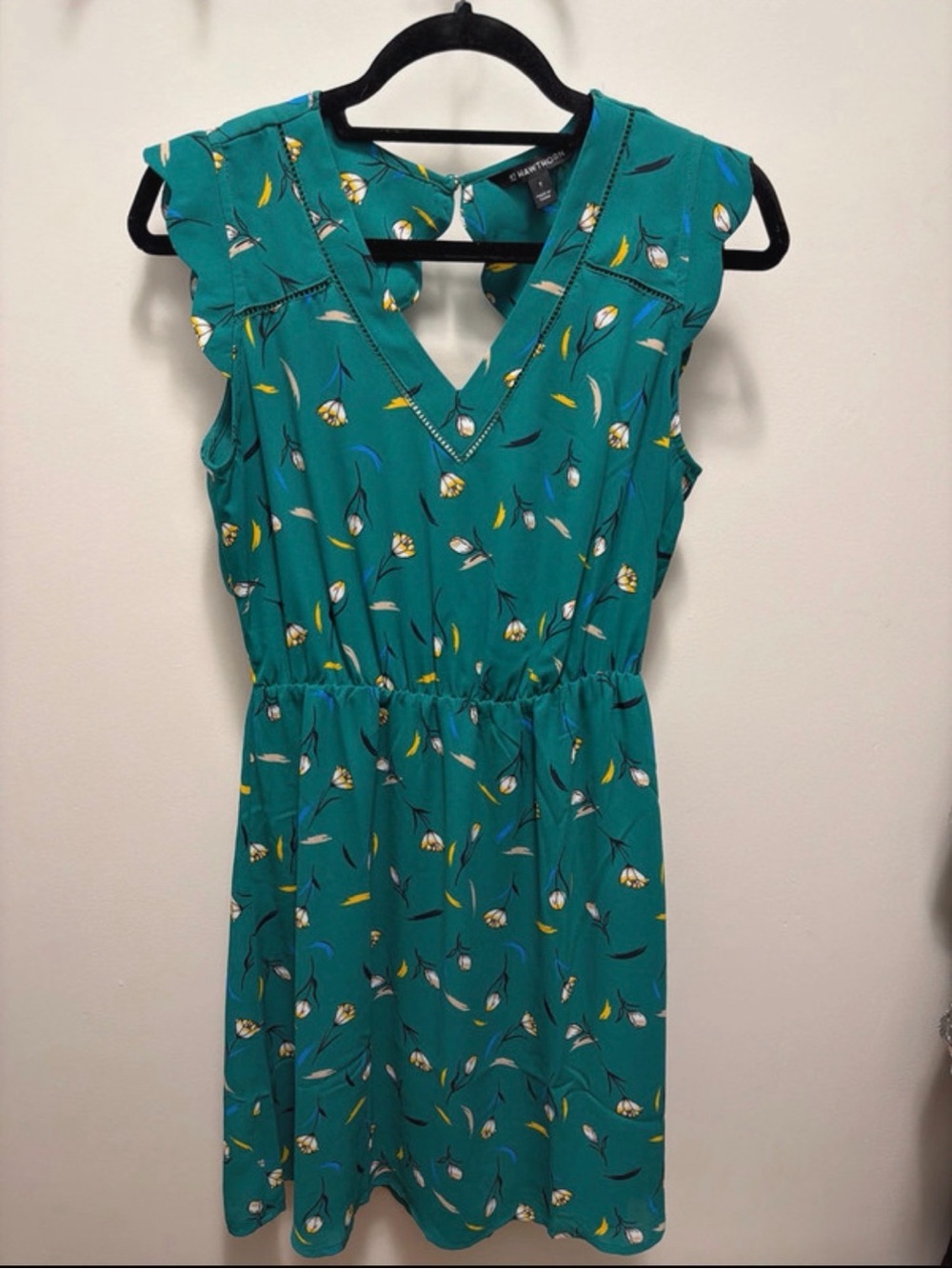 41 Hawthorn Emerald Green Scallop V-Neck Mini Dress with Yellow Floral Accents